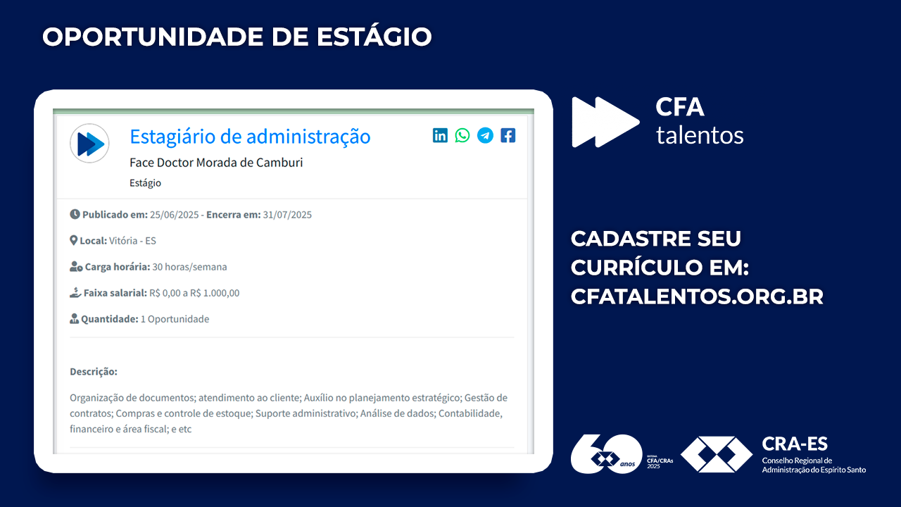 Leia mais sobre o artigo Nova oportunidade de estágio em Administração está disponível na plataforma CFA Talentos